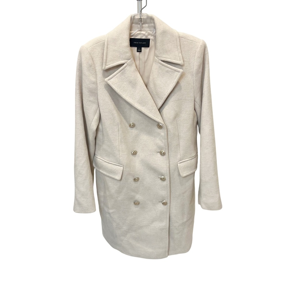 Ann Taylor Cream Wool Blend Double Breasted Pea Coat Gold Buttons Womens Small